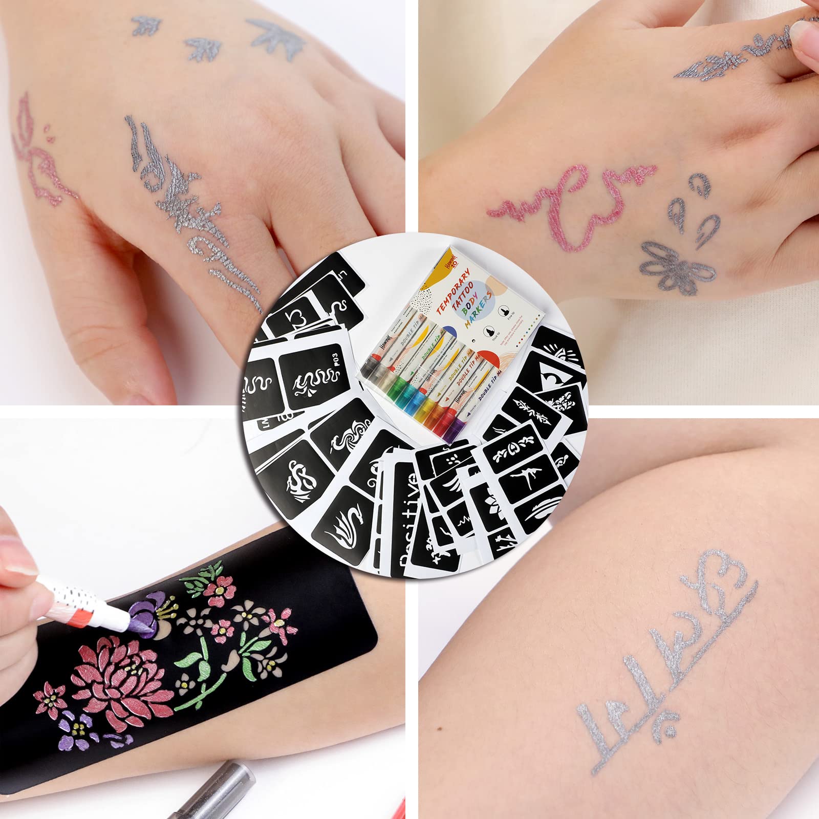 HAWINK Temporary Tattoo Markers for Skin, 10 Body Markers + 56 Large Tattoo Stencils for Kids and Adults, Dual-End Tattoo Pens Make Bold and Fine Lines with Cosmetic-Grade Tattoo Ink ZYH2208001KIT