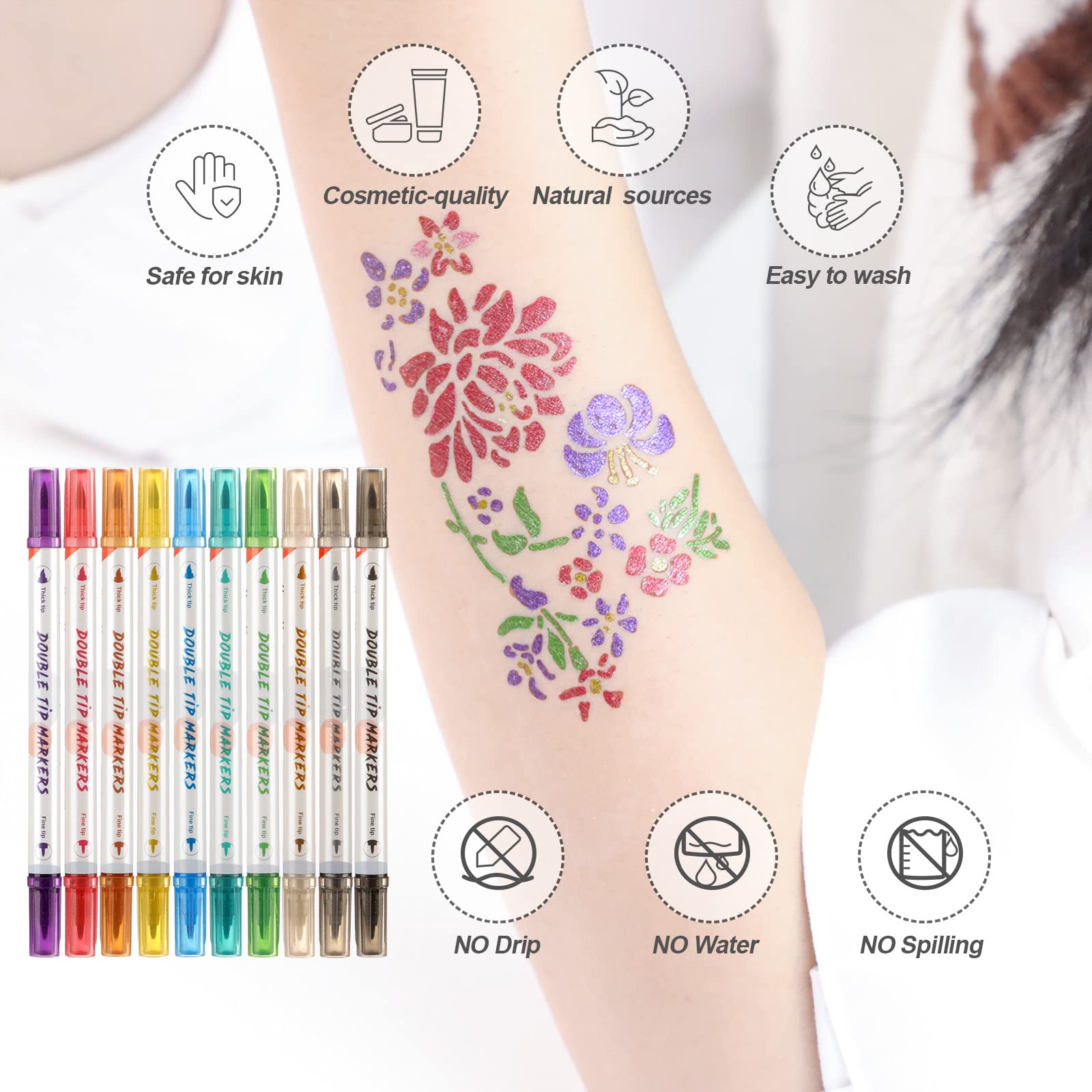 HAWINK Temporary Tattoo Markers for Skin, 10 Body Markers + 56 Large Tattoo Stencils for Kids and Adults, Dual-End Tattoo Pens Make Bold and Fine Lines with Cosmetic-Grade Tattoo Ink ZYH2208001KIT