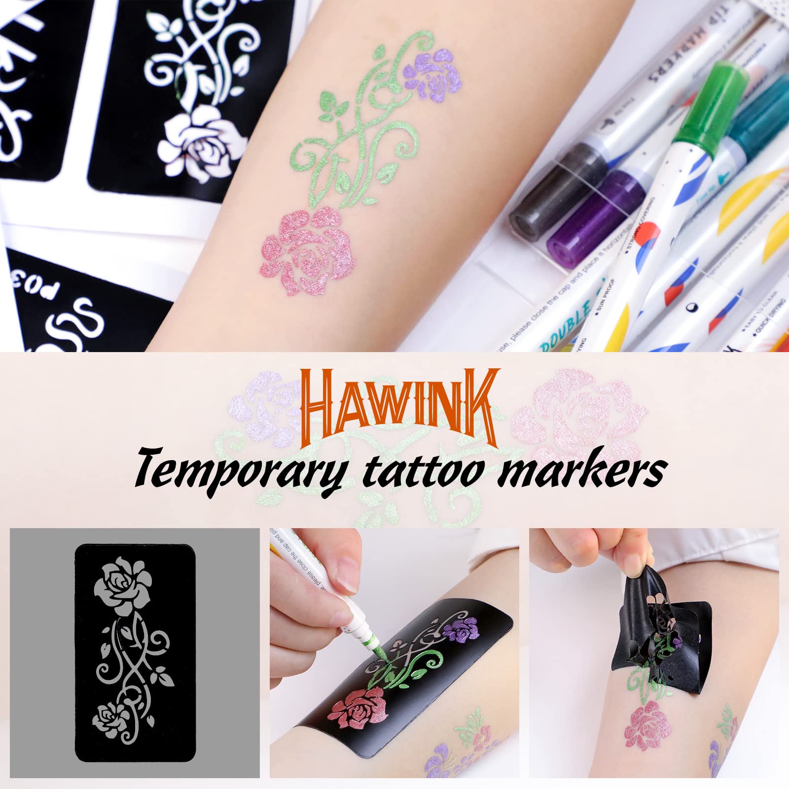 HAWINK Temporary Tattoo Markers for Skin, 10 Body Markers + 56 Large Tattoo Stencils for Kids and Adults, Dual-End Tattoo Pens Make Bold and Fine Lines with Cosmetic-Grade Tattoo Ink ZYH2208001KIT