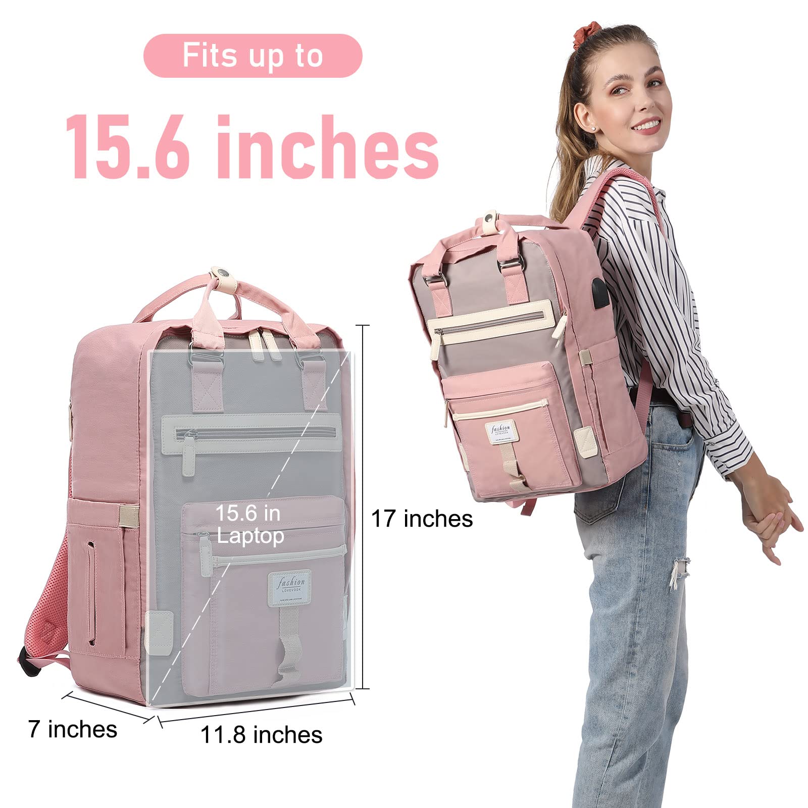 LOVEVOOK Laptop Backpack for Women Waterproof Travel Backpack with USB Charging Port 15.6 Inch