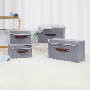 ANMINY Storage Bin with Lid Storage Boxes with PU Leather Handles PP Plastic Board Decorative Foldable Lidded Cotton Linen Fabric Home Cubes Baskets Closet Organizer Container - Gray, Small Size