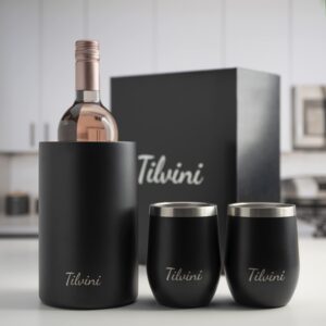 Insulated Wine Chiller Bucket & Wine Tumblers Silk Gift Box Set. Portable Wine Bottle Chiller For Picnic, Entertaining. Love Is Blind Wine Gift For Couples. Champagne Ice Bucket Outdoor Wine Glasses