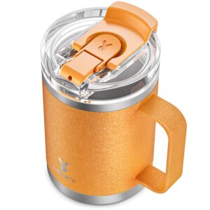 meoky 14oz insulated coffee mug with lid and handle, 100% leak proof stainless steel coffee cup with tritan lid, double wall vacuum coffee tumbler with handle (peach)