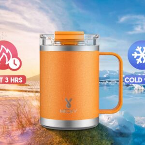 Meoky 14oz Insulated Coffee Mug with Lid and Handle, 100% Leak Proof Stainless Steel Coffee Cup with Tritan Lid, Double Wall Vacuum Coffee Tumbler with Handle (Peach)