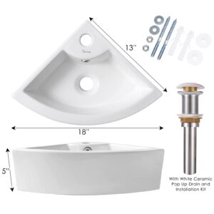 Davivy 18" x 13" Corner Bathroom Sink with Pop Up Drain and Installation Kit,Wall Mount Corner Sink,Ceramic Vessel Sink,Small Corner Sink,White Vessel Sink,Small Vessel Sink for Bathrooms