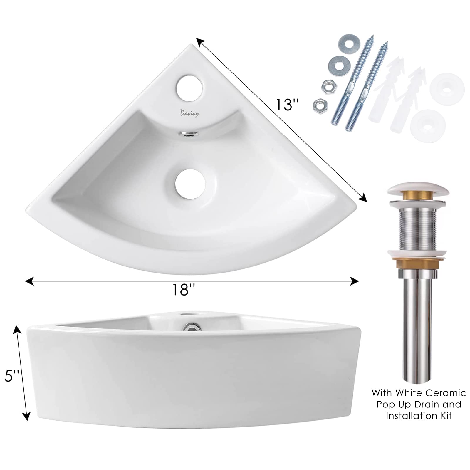 Davivy 18" x 13" Corner Bathroom Sink with Pop Up Drain and Installation Kit,Wall Mount Corner Sink,Ceramic Vessel Sink,Small Corner Sink,White Vessel Sink,Small Vessel Sink for Bathrooms