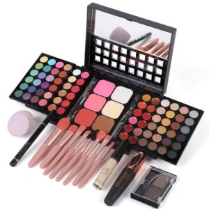 full makeup kit with applicator - 78 color cosmetic gift set include eyeshadow/lipstick/blush/contour/concealer, mascara, lip liner, eyeshadow primer, eyebrow powder, sponge and 8pcs makeup brush