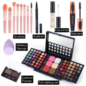 Full Makeup Kit with Applicator - 78 Color Cosmetic Gift Set Include Eyeshadow/Lipstick/Blush/Contour/Concealer, Mascara, Lip Liner, Eyeshadow Primer, Eyebrow Powder, Sponge and 8pcs Makeup Brush