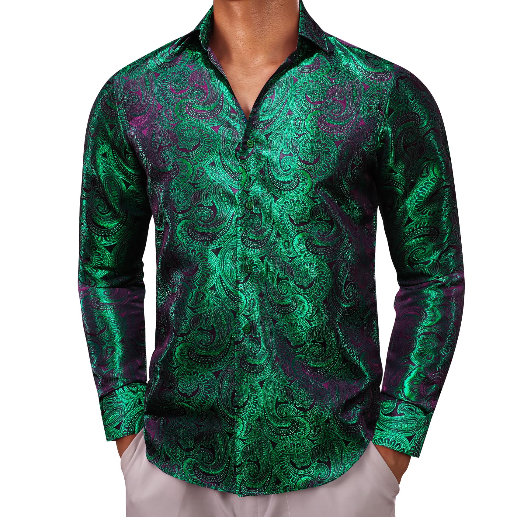 Barry.Wang Mens Shirt Unique Paisley Long Sleeve Silk Woven Flower Dress Shirts Regular Button Up Wedding/Casual Formal