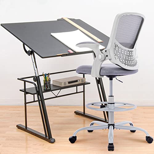 Tall Office Chair, Drafting Chair, Standing Desk Chair, High Adjustable Office Mesh Chair, Ergonomic Counter Height Computer Rolling Chair with Flip-up Armrests and Foot-Ring for Bar Height Desk