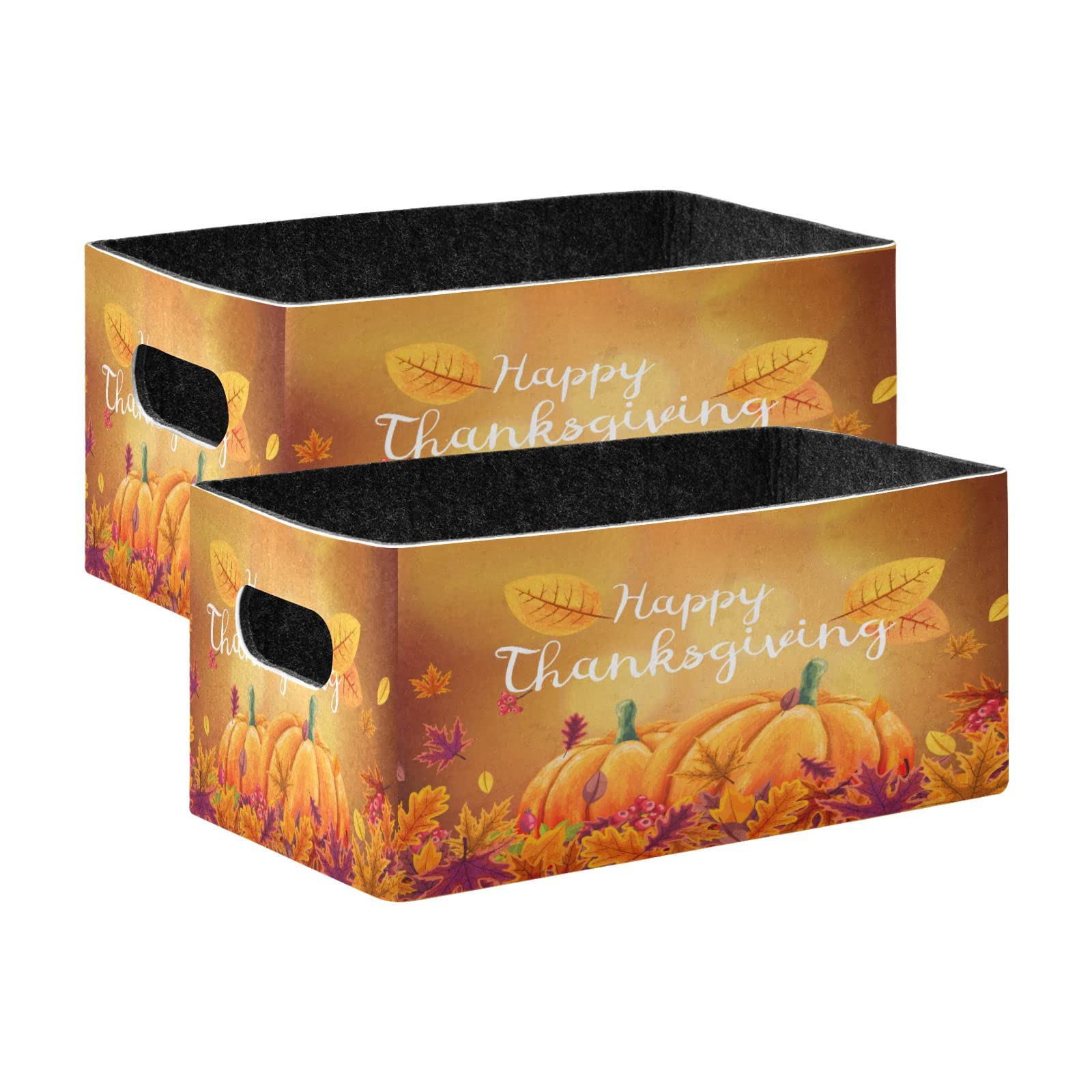 Happy Thanksgiving Autumn Fall Leaves Storage Basket Bins Set (2pcs) Felt Collapsible Storage Bins with Fabric Rectangle Baskets for Organizing for Office Bedroom Closet Babies Nursery Toys DVD Laundry