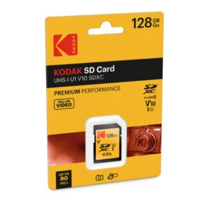 KODAK Premium Memory Card 128GB, 85MBs Read Speed, 25MBs Write Speed for Full HD Video and High-Resolution Pictures, Compatible with SDHC and SDXC Standards - EKMSD128GXC10K
