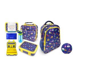 bundle of bento box, insulated lunch bag, ice pack & water botle set for kids - 5 leakproof compartments (blue yellow truck) + toddler backpack for boys, cute 13” (blue yellow trucks)
