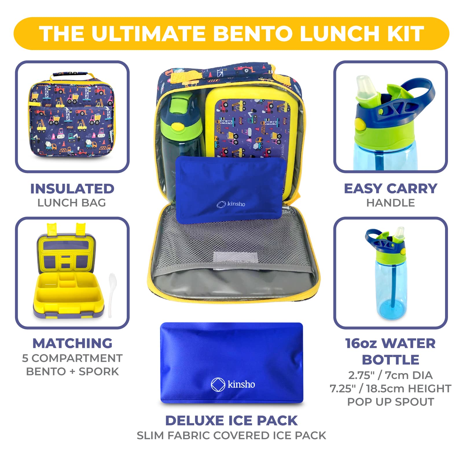 Bundle of Bento Box, Insulated Lunch Bag, Ice Pack & Water Botle Set for Kids - 5 Leakproof Compartments (Blue Yellow Truck) + Toddler Backpack for Boys, Cute 13” (Blue Yellow Trucks)