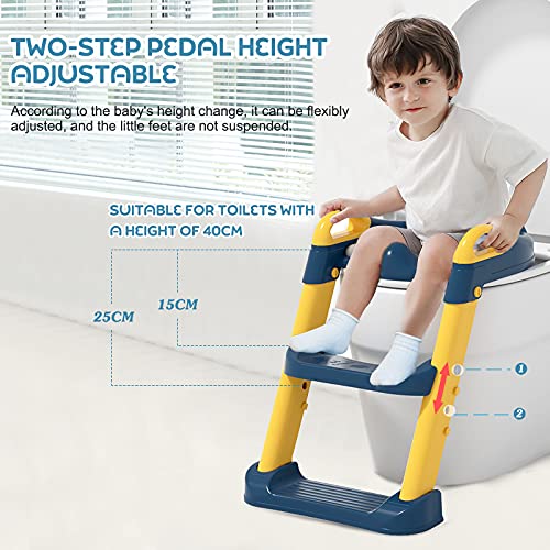 HAHONIA Potty Training Seat for Toddlers, Foldable Potty Training Toilet with Step Stool Ladder, Toddler Potty Seat with Upgraded Height-adjustable Wide Step & Soft Cushion Splash Guard Blue