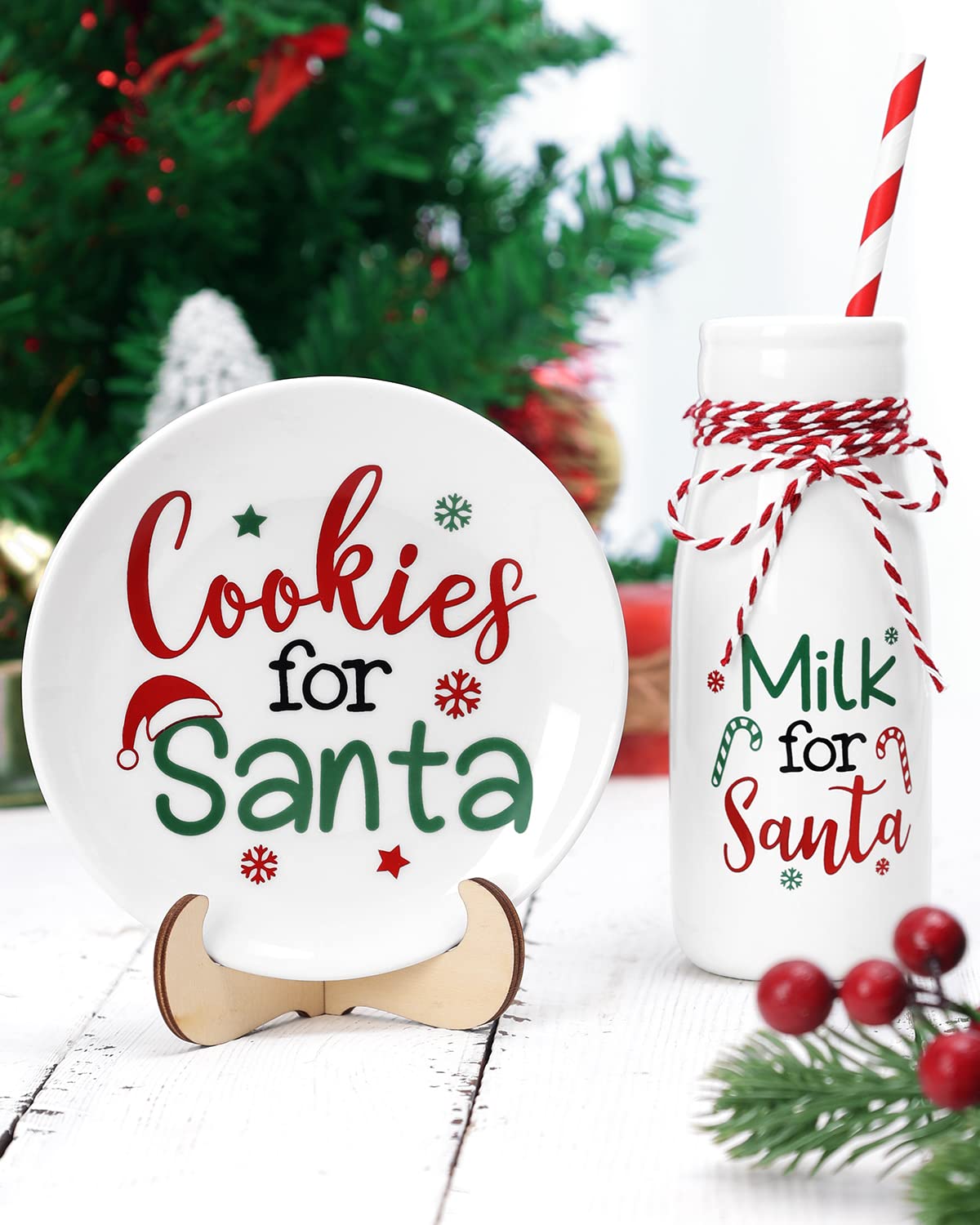 Nefelibata Christmas Tiered Tray Decor, Mini Cookies for Santa Plate Milk Jar Set, Ceramics Xmas Treat Plate Home Kitchen Dining Table Decor Holiday Housewarming Gift for Young Children New Parents