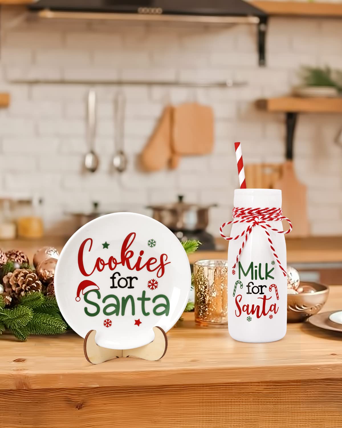 Nefelibata Christmas Tiered Tray Decor, Mini Cookies for Santa Plate Milk Jar Set, Ceramics Xmas Treat Plate Home Kitchen Dining Table Decor Holiday Housewarming Gift for Young Children New Parents