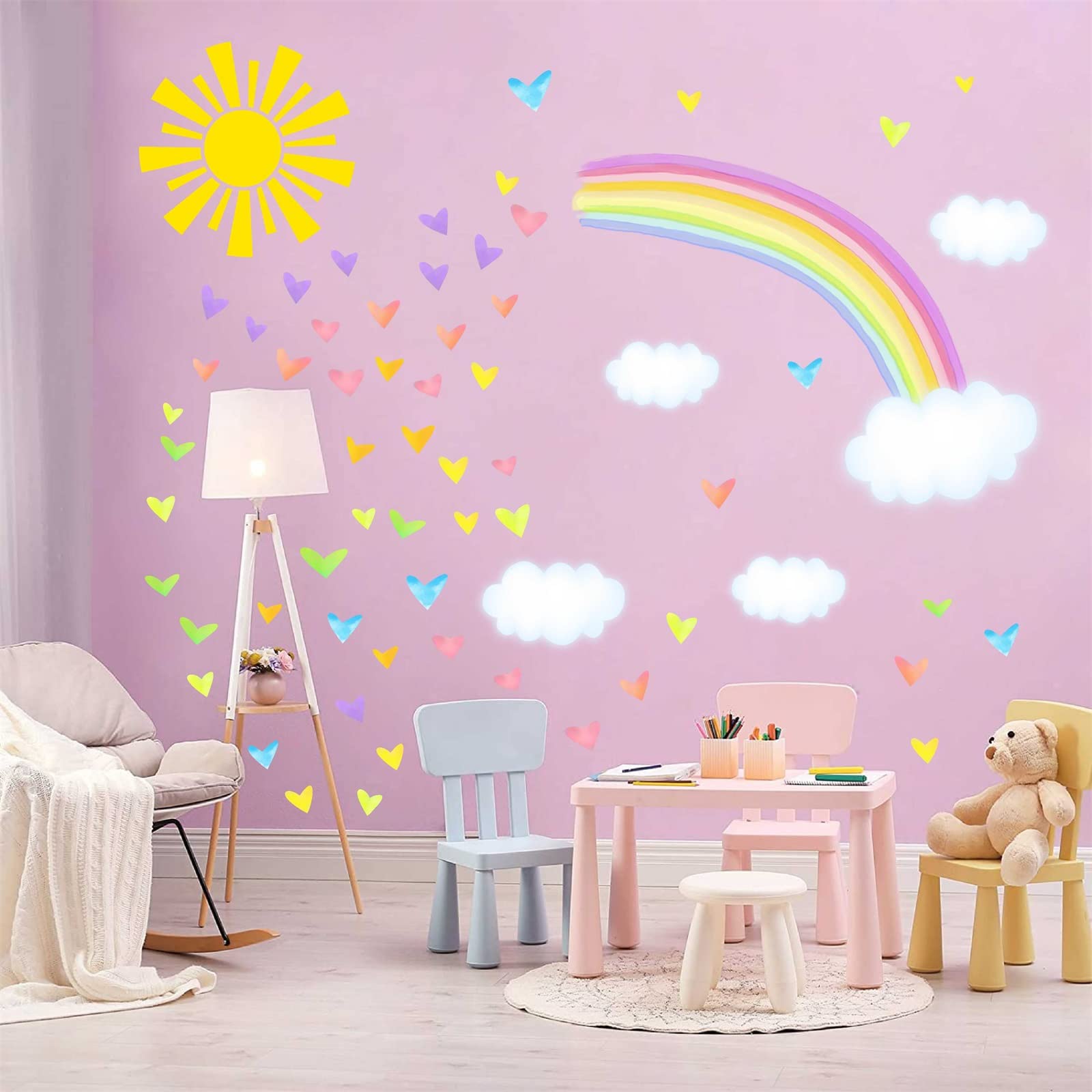 Colorful Rainbow Wall Decals Sun Cloud Wall Decals Colorful Heart Wall Stickers Watercolor Yellow Sun Decal Large Rainbow Wall Stickers for Girls Room Kids Bedroom Nursery Decor