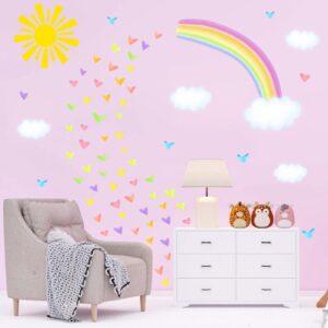 Colorful Rainbow Wall Decals Sun Cloud Wall Decals Colorful Heart Wall Stickers Watercolor Yellow Sun Decal Large Rainbow Wall Stickers for Girls Room Kids Bedroom Nursery Decor