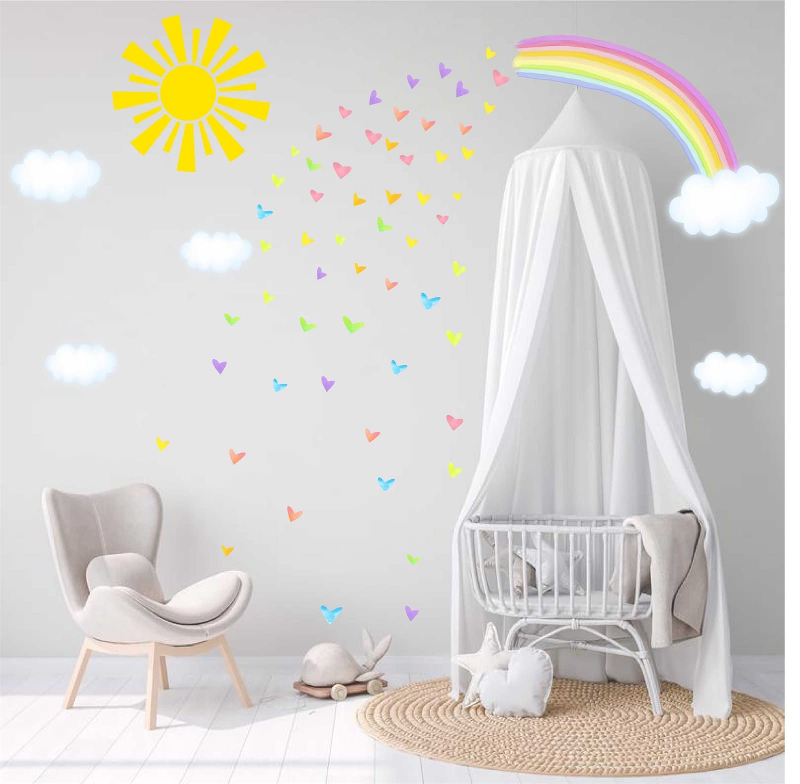 Colorful Rainbow Wall Decals Sun Cloud Wall Decals Colorful Heart Wall Stickers Watercolor Yellow Sun Decal Large Rainbow Wall Stickers for Girls Room Kids Bedroom Nursery Decor