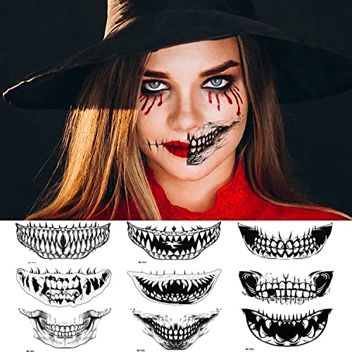 Halloween Temporary Tattoos Mouth Dark Black Face Mouth Teeth Stickers Terror Waterproof Ornaments for Adults kids 10pcs Halloween Tattoos Stickers Decal Party Decoration Supplies