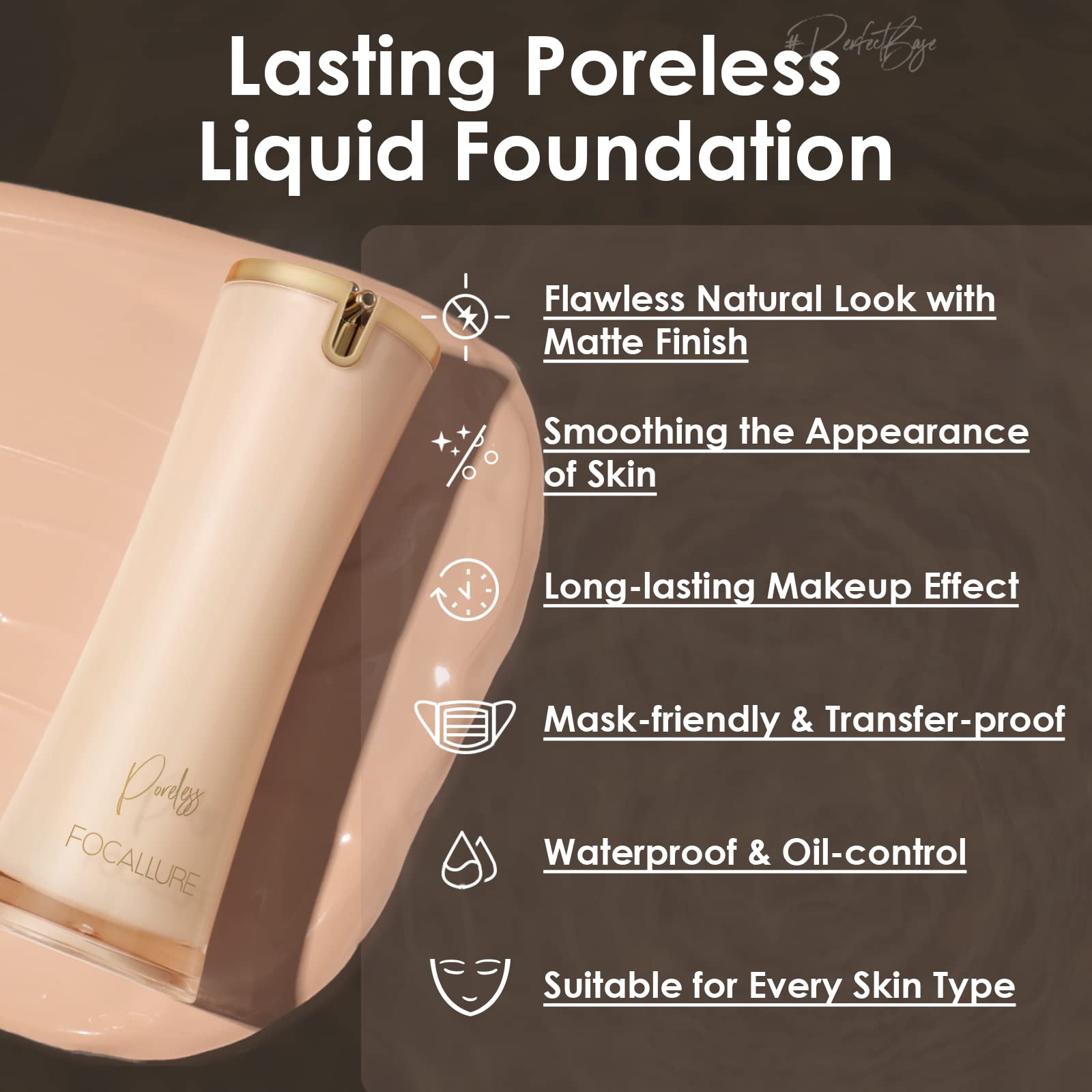 FOCALLURE PerfectBase Lasting Poreless Liquid Foundation, Medium to Full Coverage with Matte Finish, Covers Blemishes & Under-Eye Circles for All Skin Types, CP02 CREAM