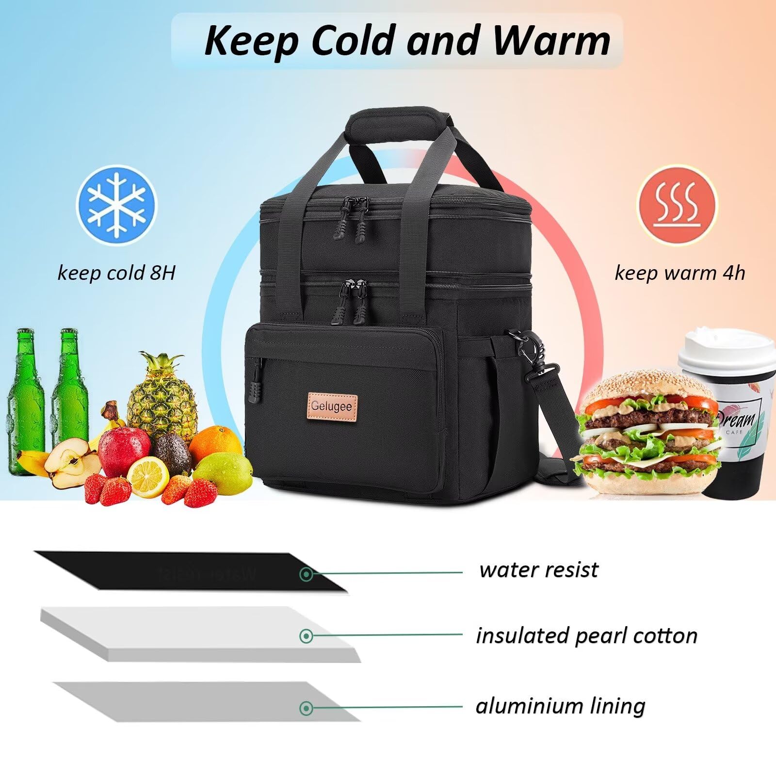 gelugee Lunch Bag Women,Double Deck Lunch Box for Men, Insulated Lunch Cooler Tote Bag, Waterproof Adult Lunchbox, 15L Large Black Lunch Pail for Work Office Picnic