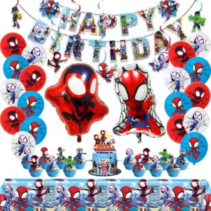 spidey and his amazing friends birthday decorations, party supplies set include banner, balloons, hanging swirls, cake cupcake toppers, tablecloth for boys girls spidey theme party