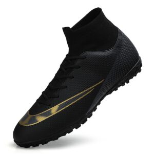 DRESER Competitive Unisex Soccer Shoes Men Women Indoor Outdoor Football Boots Athletic Turf Mundial Team Cleat Running Sports Lightweight Breathable Anti-Skid Damping Shoes Black, 13.5 Women/12 Men