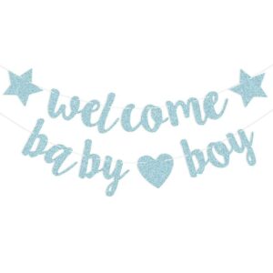 kungoon welcome baby boy party banner,blue gold glitter paper sign for baby shower,baby boy party decoration gifts.(blue)