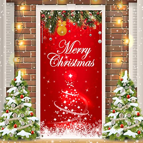 Merry Christmas Backdrop Banner - Red Door Decorations for Xmas Photo Booth Prop