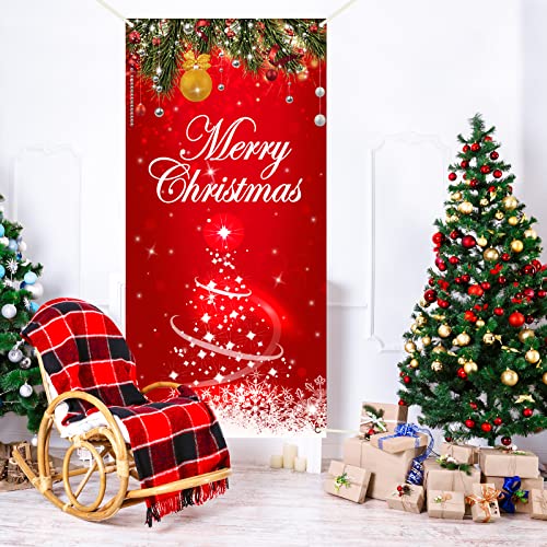 Merry Christmas Backdrop Banner - Red Door Decorations for Xmas Photo Booth Prop