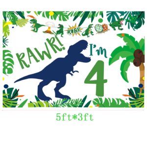 Dinosaur 4th Birthday Backdrop Party Decorations,Roar im 4 Dinosaur Party Decorations,Dinosaur Birthday Party Supplies 4 year old Boy,4th Birthday Decorations For Boys Dinosaur Birthday Party Supplies