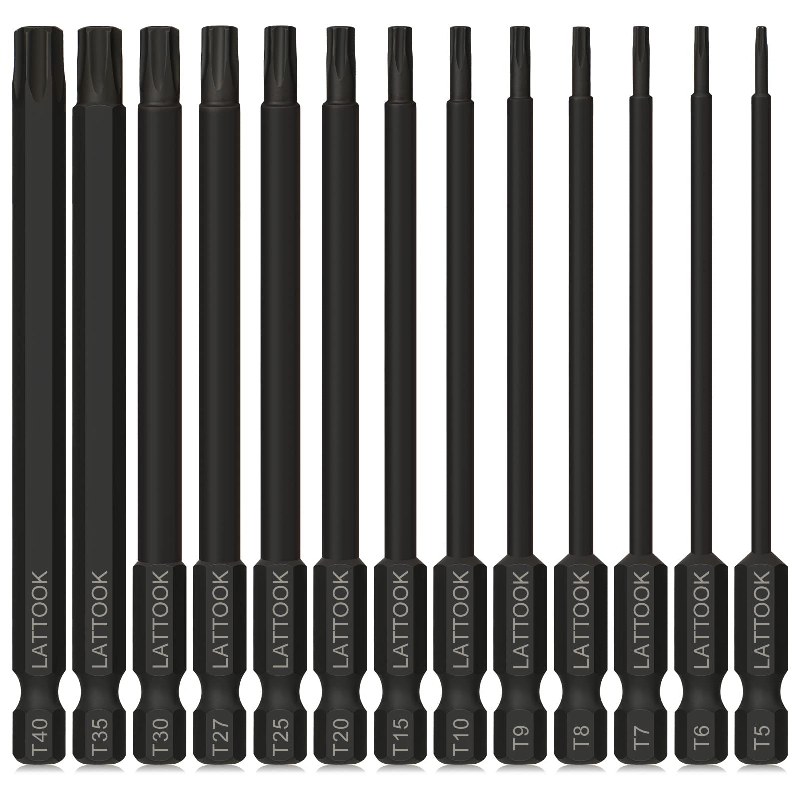 Torx Bit Set, LATTOOK 13-Piece Security Tamper Proof Torx Star Bits Set, Magnetic S2 Steel, 4'' Long, T5 - T40