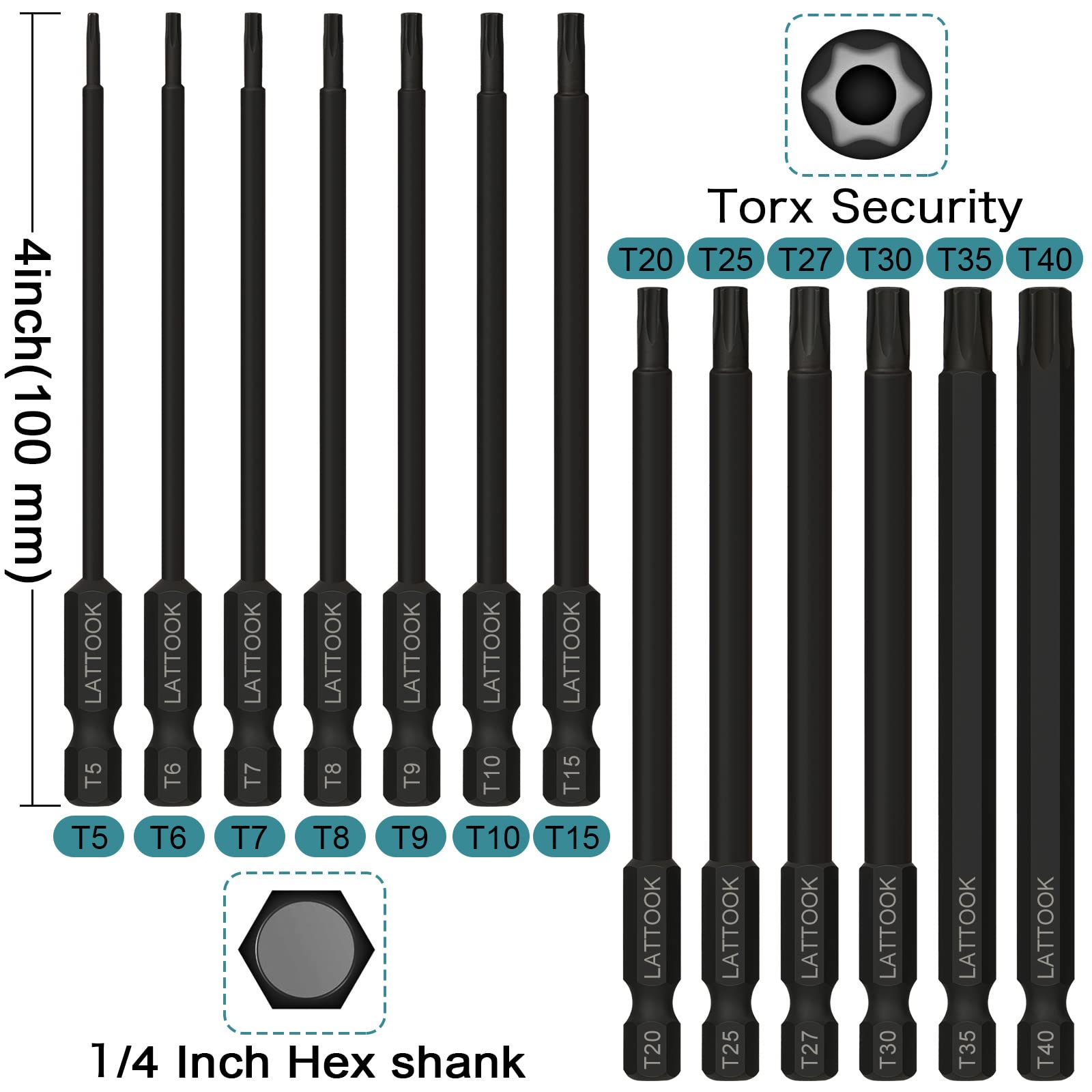 Torx Bit Set, LATTOOK 13-Piece Security Tamper Proof Torx Star Bits Set, Magnetic S2 Steel, 4'' Long, T5 - T40