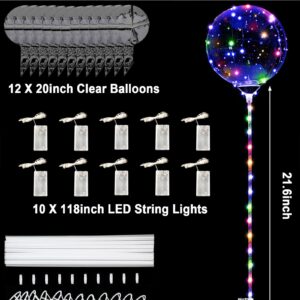 10 Pack LED Balloons with Sticks - Light Up Balloons LED Balloon, Clear Bobo Balloons with Lights, 20 Inch Bubble Balloons with Lights, Helium Lighted Balloons, Glow in the Dark Balloons for Party