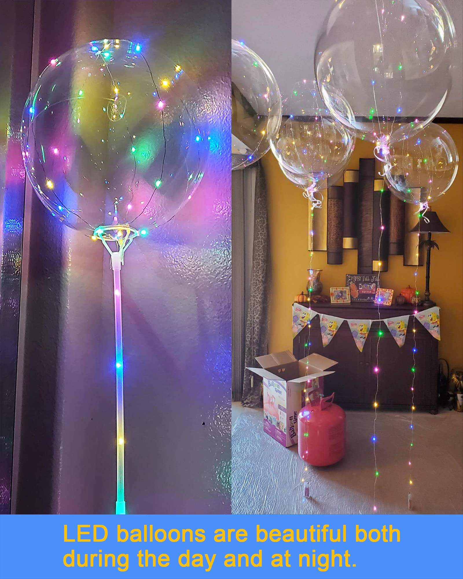 10 Pack LED Balloons with Sticks - Light Up Balloons LED Balloon, Clear Bobo Balloons with Lights, 20 Inch Bubble Balloons with Lights, Helium Lighted Balloons, Glow in the Dark Balloons for Party