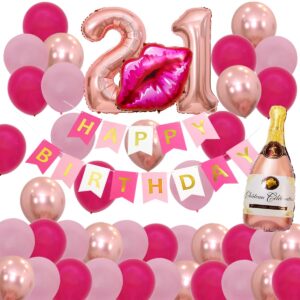 pink 21st birthday decorations for her rose gold hot pink balloons, happy birthday banner pink, 21 balloon number rose gold, hot pink lips balloon, champagne bottle balloon, finally 21 bday supplies