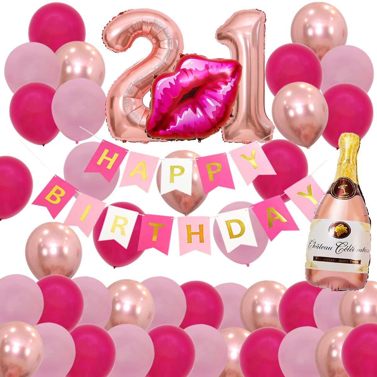 Pink 21st Birthday Decorations for Her Rose Gold Hot Pink Balloons, Happy Birthday Banner Pink, 21 Balloon Number Rose Gold, Hot Pink Lips Balloon, Champagne Bottle Balloon, Finally 21 Bday Supplies