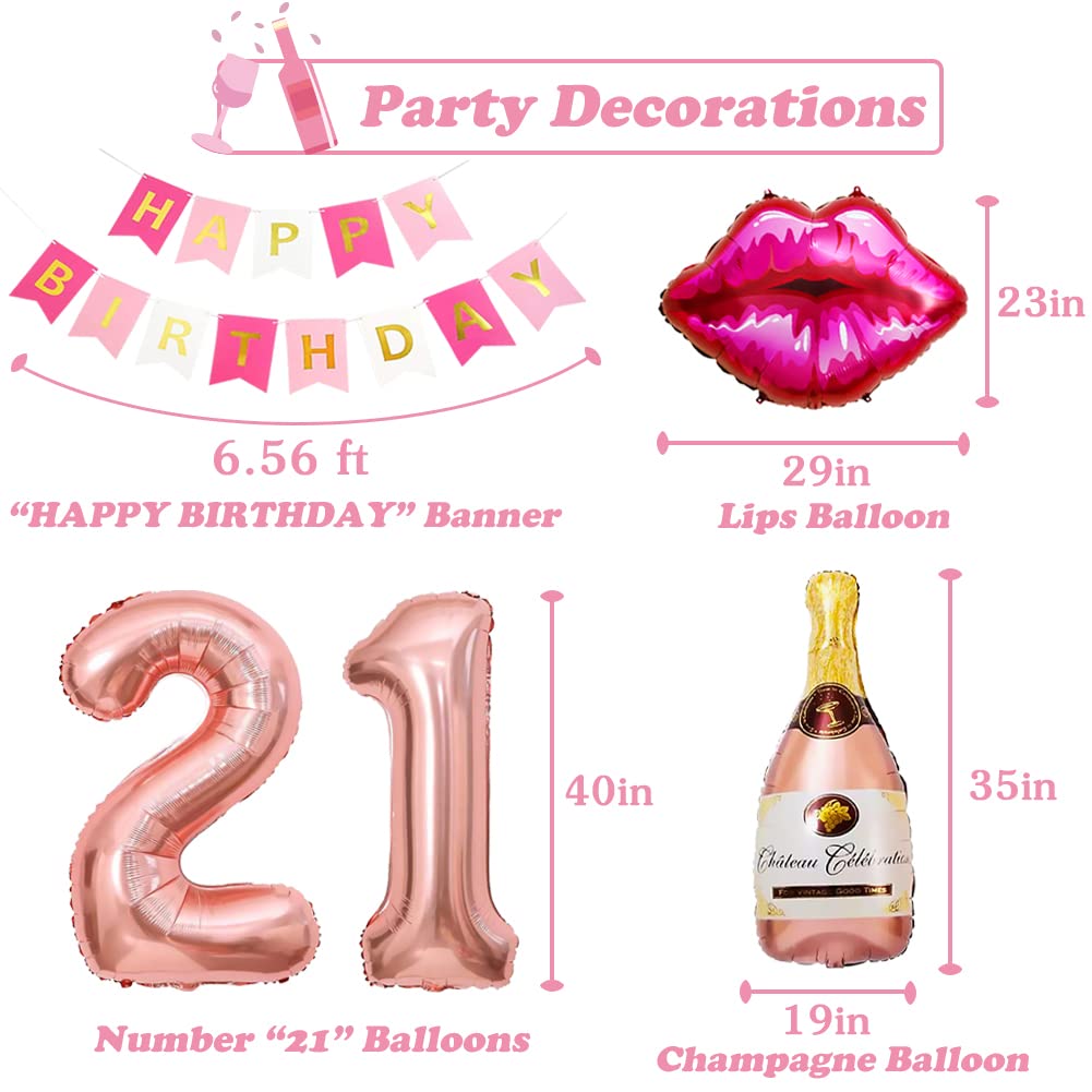 Pink 21st Birthday Decorations for Her Rose Gold Hot Pink Balloons, Happy Birthday Banner Pink, 21 Balloon Number Rose Gold, Hot Pink Lips Balloon, Champagne Bottle Balloon, Finally 21 Bday Supplies