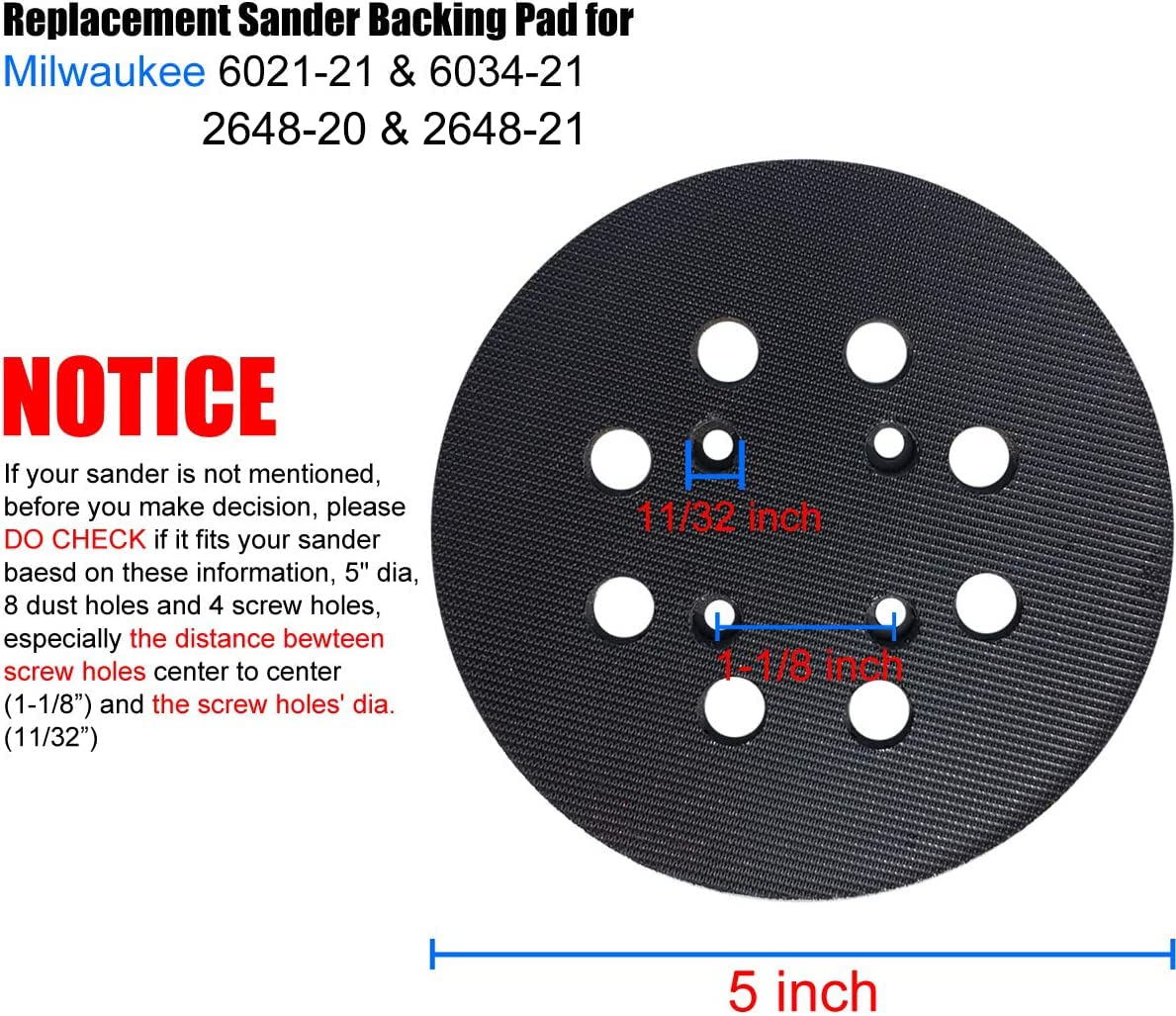 Standard 5" Hook and Loop Replacement Sander Pad for Milwaukee 2648-20 & 2648-21 Random Orbit Sanders - with Extra Hard Backing