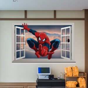 spiderman wall decal realistic 3d superhero wall sticker, children's vinyl mural for kids bedroom living room playroom nursery wall decoration (15.7 x 23.6 in）