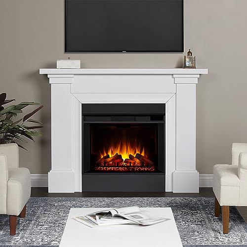 Real Flame Manus 64" Grand Electric Fireplace, Free-Standing with Mantel & Real Wood Finish - 6 Flame Colors, 5 Brightness Levels