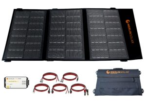 genasun-merlin portable solar kit, 100w foldable merlin panel and genasun mppt solar charge controller gv-10 to charge 4s lifepo4 batteries or power stations. ideal for rvs, camping, marine, off-grid.