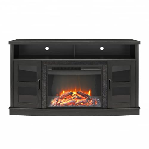 Ameriwood Home Barrow Creek Fireplace Console with Glass Doors, TVs up to 60", Black Oak