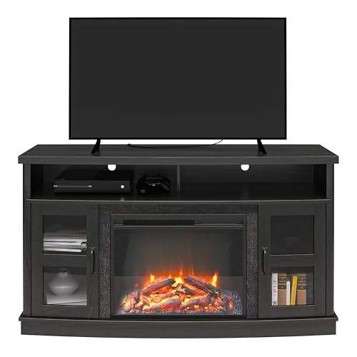 Ameriwood Home Barrow Creek Fireplace Console with Glass Doors, TVs up to 60", Black Oak