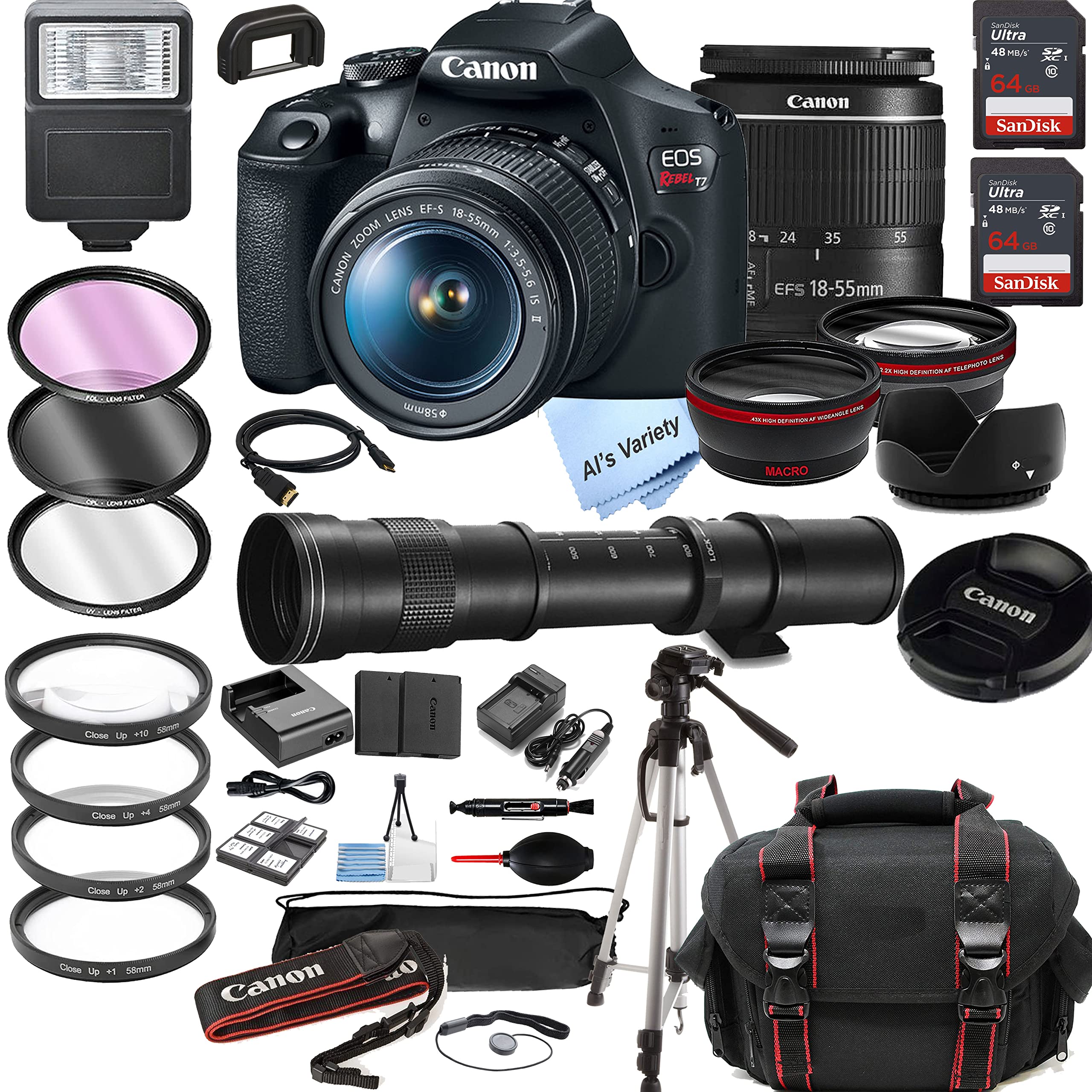 Canon EOS Rebel T7 DSLR Camera w/EF-S 18-55mm F/3.5-5.6 Zoom Lens + 420-800MM Zoom Telephoto Lens + 128GB Memory + Case + Tripod + Filters (38pc Bundle) (Renewed)