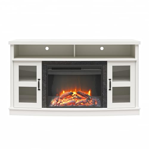 Ameriwood Home Barrow Creek Fireplace Console with Glass Doors, TVs up to 60", White