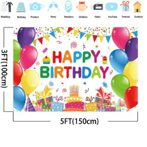 Happy Birthday Backdrop Banner for Girls Boys Colorful Balloons Birthday Backdrop for Kids Gifts Cake Table for Children Birthday Party Decorations Birthday Party Backdrop (5x3ft)