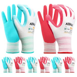 kebada gardening gloves for women, 6 pairs latex coated yard gloves, micro-foam textured coating on palm & fingers, breathable womens work gloves, high visibility, medium, aqua & red